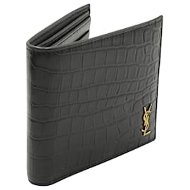 Yves Saint Laurent-Saint Laurent YSL-Plaque Crocodile Effect Bi-Fold Wallet in Black Leather-Black