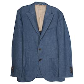 Brunello Cucinelli-Brunello Cucinelli Tailored Single Breasted Blazer in Blue Linen-Blue