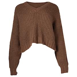 Anine Bing-Anine Bing Knitted Cropped Sweater in Brown Alpaca Wool-Brown