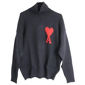 Rollkragenpullover mit Herz-Logo von Ami Paris aus schwarzer Wolle Schwarz