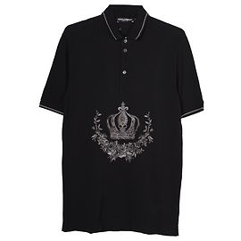 Dolce & Gabbana Pique Camiseta Polo Bordada Coroa em Algodão Preto Preto