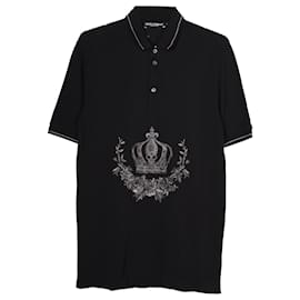 Dolce & Gabbana-Dolce & Gabbana Pique Camiseta Polo Bordada Coroa em Algodão Preto-Preto
