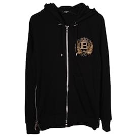 Balmain-Balmain Embroidered Logo Emblem Front Zip Hoodie Jacket in Black Cotton-Black
