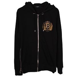Giacca con cappuccio e zip frontale con logo ricamato Balmain in cotone nero Nero
