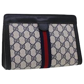 Gucci-GUCCI GG Canvas Sherry Line Clutch Bag Gray Red Navy 64.014.2125.23 auth 44752-Red,Grey,Navy blue