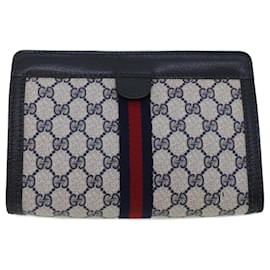 Gucci-GUCCI GG Canvas Sherry Line Clutch Bag Gray Red Navy 64.014.2125.23 auth 44752-Red,Grey,Navy blue