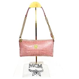 MCM-Pink Croc Leather Textured Baguette Shoulder Bag Small-Pink,Gold hardware