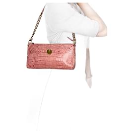 MCM-Pink Croc Leather Textured Baguette Shoulder Bag Small-Pink,Gold hardware