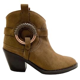See by Chloé-See by Chloe Military Green Suede Hanna Booties-Brown
