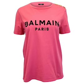 Balmain-T-Shirt Logo Balmain Boutons Epaule en Coton Rose-Rose