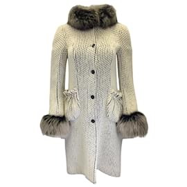 Fendi-Fendi Ivory / Black Fox Fur Trimmed Silk Lined Wool Knit Coat-Cream