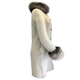 Fendi-Fendi Ivory / Black Fox Fur Trimmed Silk Lined Wool Knit Coat-Cream