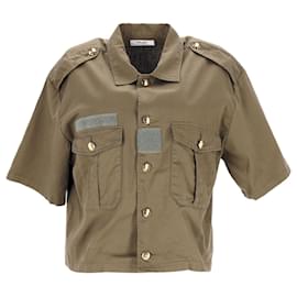 Céline-Celine Military-style Button Up Cropped Shirt in Khaki Cotton-Green,Khaki