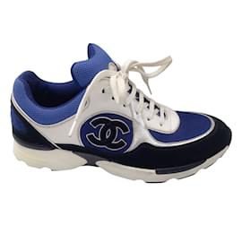 Chanel-Chanel blue / white / Silver Metallic / Black CC Logo Mesh Detail Leather and Suede Lace-Up Low Top Sneakers-Multiple colors