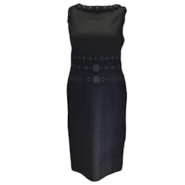 Carolina Herrera-Carolina Herrera Black Embroidered Sleeveless Wool Midi Dress-Black