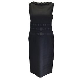 Carolina Herrera – Schwarzes, besticktes, ärmelloses Woll-Midikleid Schwarz