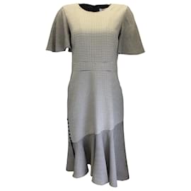 Prabal Gurung-Prabal Gurung Black / White Victoria Houndstooth Printed Short Sleeved Flared Midi Dress-Black