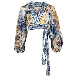 Zimmermann Aliane – Kurz geschnittene Gaze-Wickelbluse aus Baumwolle mit Blumendruck Andere Python drucken