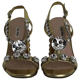 Miu Miu-Miu Miu Crystal Embellished Block Heel Sandals in Gold Leather-Golden