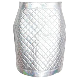 Balmain-Balmain Metallic Holographic Quilted Mini Skirt in Silver Polyester-Silvery,Metallic