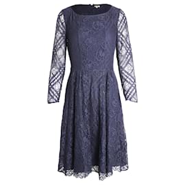 Burberry-Burberry Sheer Sleeve Midi Dress in Navy Blue Cotton Lace-Blue