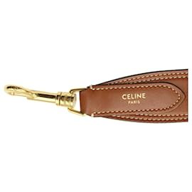 Céline-Celine Logo Embroidered Long Strap in Brown Calfskin Leather-Brown,Beige