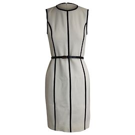 Michael Kors Leather Trimed Knee Length Dress in White Wool White Cream