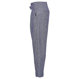 Brunello Cucinelli-Brunello Cucinelli Belted Pleated Trousers in Blue and White Hemp Linen-Blue