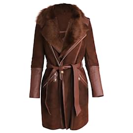 Temperley London-Temperley London Fur and Leather-Trimmed Coat in Brown Sheepskin-Brown