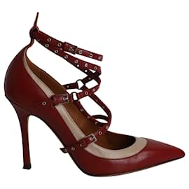 Valentino Garavani-Valentino Two Tone Love Latch Detail Eyelet Embellished Pumps in Red Leather-Red