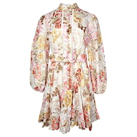 Zimmermann-Mini abito Zimmermann Bonita in pizzo sangallo con stampa floreale e cintura in lino multicolor-Multicolore
