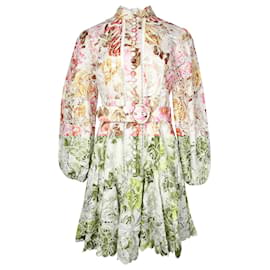 Zimmermann-Zimmermann Bonita Floral-Print Broderie Anglaise Belted Mini Dress in Multicolor Linen-Other,Python print