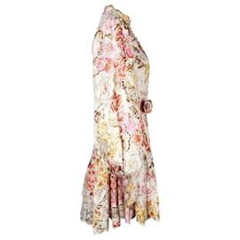 Zimmermann-Zimmermann Bonita Floral-Print Broderie Anglaise Belted Mini Dress in Multicolor Linen-Other,Python print