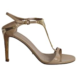Sergio Rossi-Sergio Rossi Gold Trimmed Sandals in Nude Patent Leather-Flesh