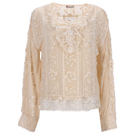 RED Valentino Langarm-Top mit Spitzenschleife und ecrufarbener Baumwolle Weiß Roh