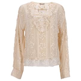 Red Valentino-RED Valentino Lacey Bow Detail Long-sleeve Top in Ecru Cotton-White,Cream