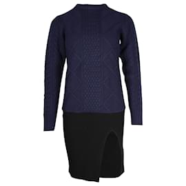 Sacai-Sacai Textured Knit Side Slit Mini Dress in Navy Blue and Black Wool-Blue,Navy blue