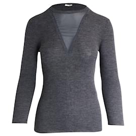 Céline-Celine Sheer Panel Long Sleeve Top in Grey Wool-Grey