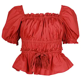 Ulla Johnson-Ulla Johnson Evita Tasseled Shirred Blouse in Red Cotton-Red