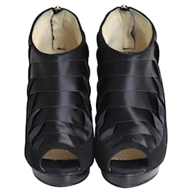 Oscar de la Renta-Oscar de la Renta Peep-Toe Platform Boots in Black Satin-Black