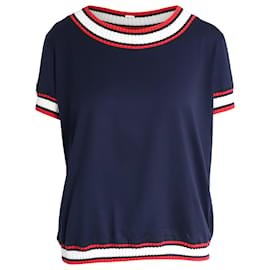 Moncler-Moncler Camiseta com acabamento canelado em algodão azul marinho-Azul,Azul marinho