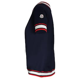 Moncler-Moncler Camiseta com acabamento canelado em algodão azul marinho-Azul,Azul marinho