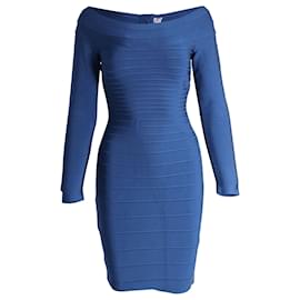 Herve Leger-Herve Leger by Max Azria Off-the-Shoulder Long-Sleeve Bandage Dress in Blue Rayon-Blue