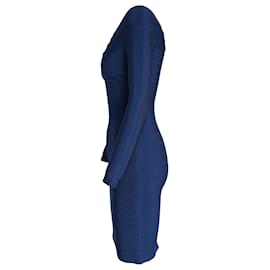 Herve Leger-Schulterfreies, langärmliges Bandagekleid von Herve Leger by Max Azria aus blauem Rayon-Blau