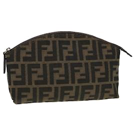 Fendi-FENDI Zucca Canvas Pouch Black Brown Auth 44668-Brown,Black