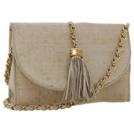 Chanel-CHANEL Chain Fringe Shoulder Bag PVC Leather Beige CC Auth bs5900-Beige
