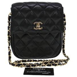 Chanel-CHANEL Matelasse Bolso de hombro con cadena y cierre giratorio Piel de cordero Negro CC Auth am4542-Negro
