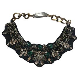 ***Prada Black Green Crystal Bib necklace Black Green Silver hardware