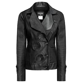 Chanel-12K$ Camellias Embellished Leather Jacket-Black