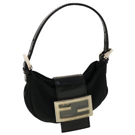 FENDI Mini Borsa Baguette Mamma Nylon Pelle Nera Auth 45284 Nero